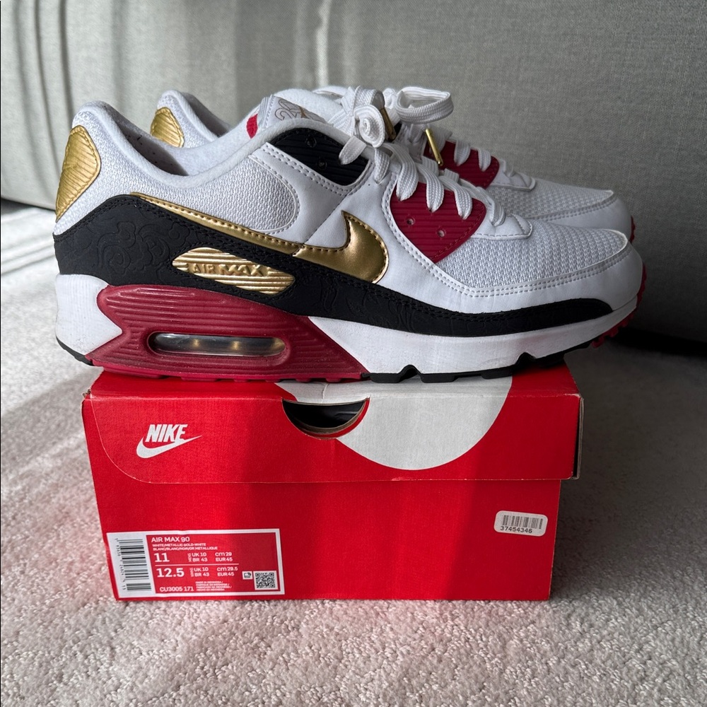 Nike Air Max 90 White Black Red Gold Shoes, Size US 11 men’s